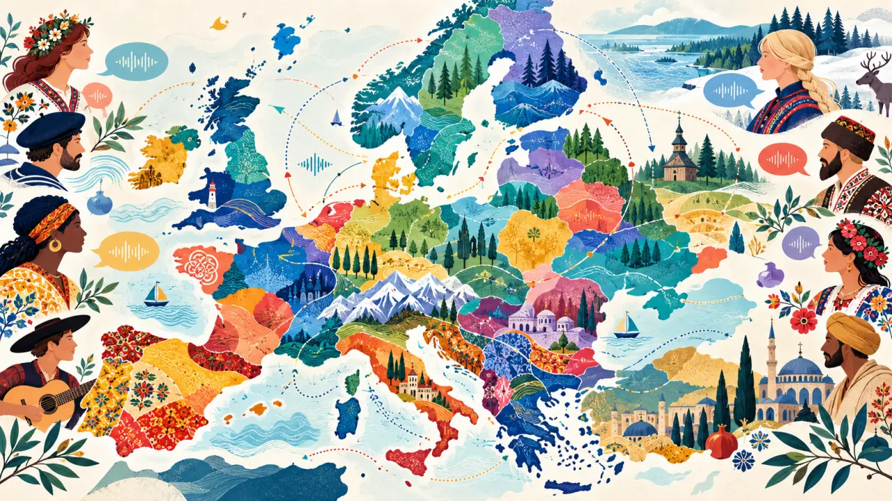 Carte illustrée de l’Europe évoquant la diversité de ses langues et de ses régions