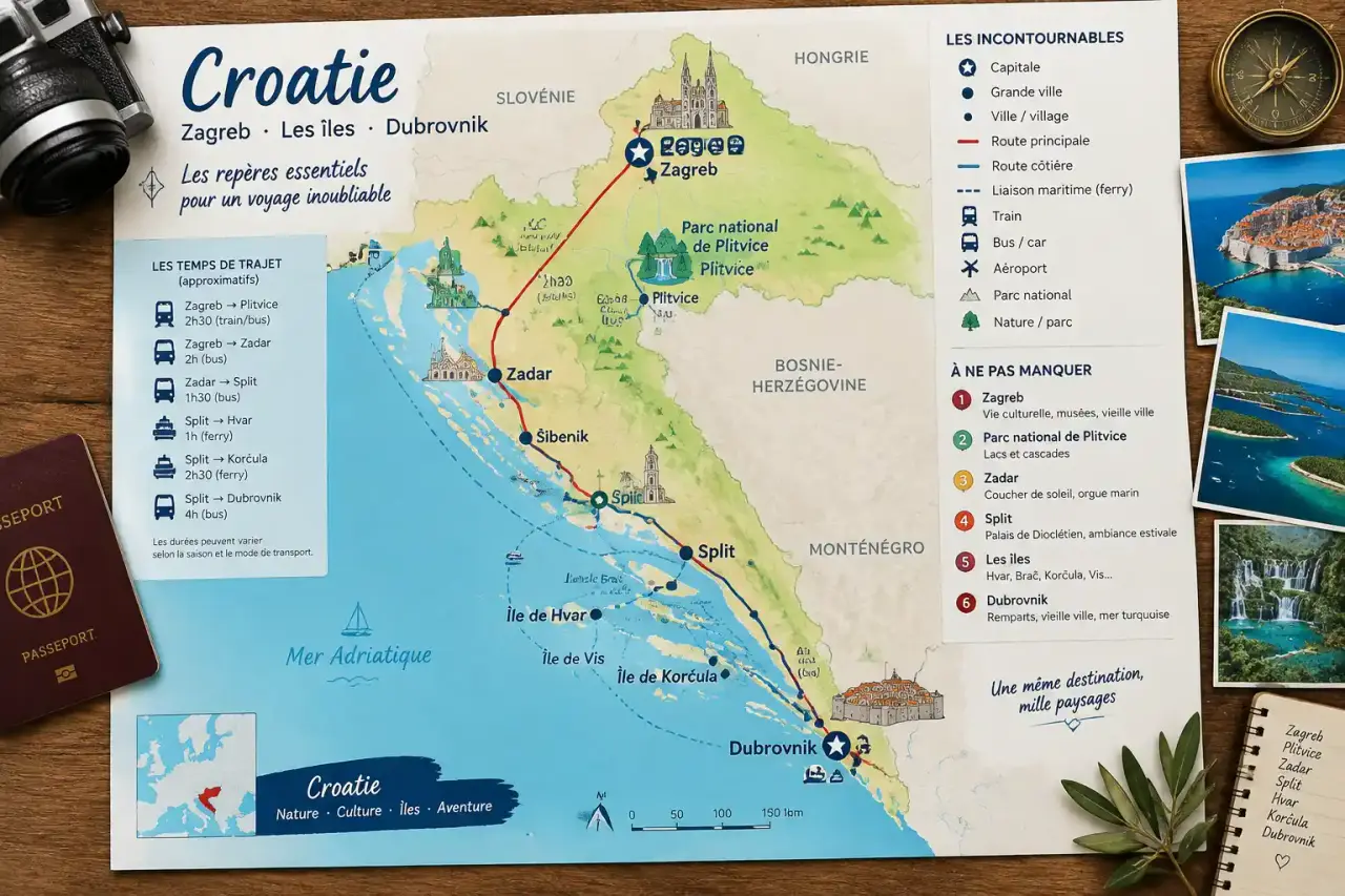 Carte touristique de la Croatie : les repères essentiels pour relier Zagreb, les îles et Dubrovnik