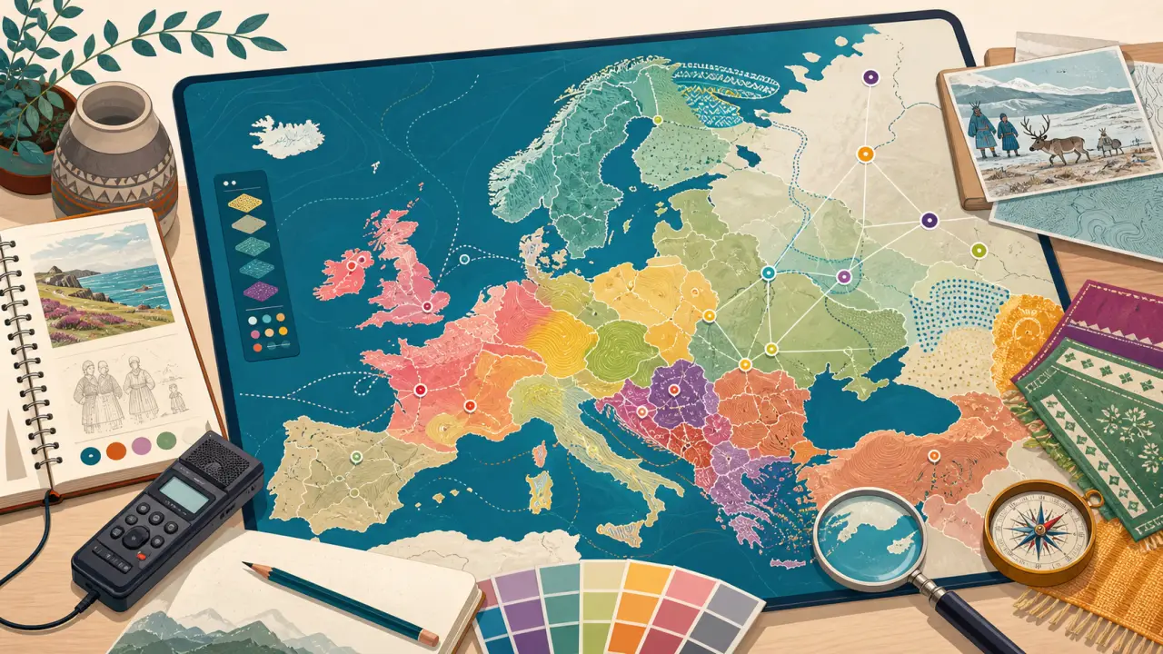 Carte artistique de l'Europe mettant en valeur la diversité linguistique et ethnographique
