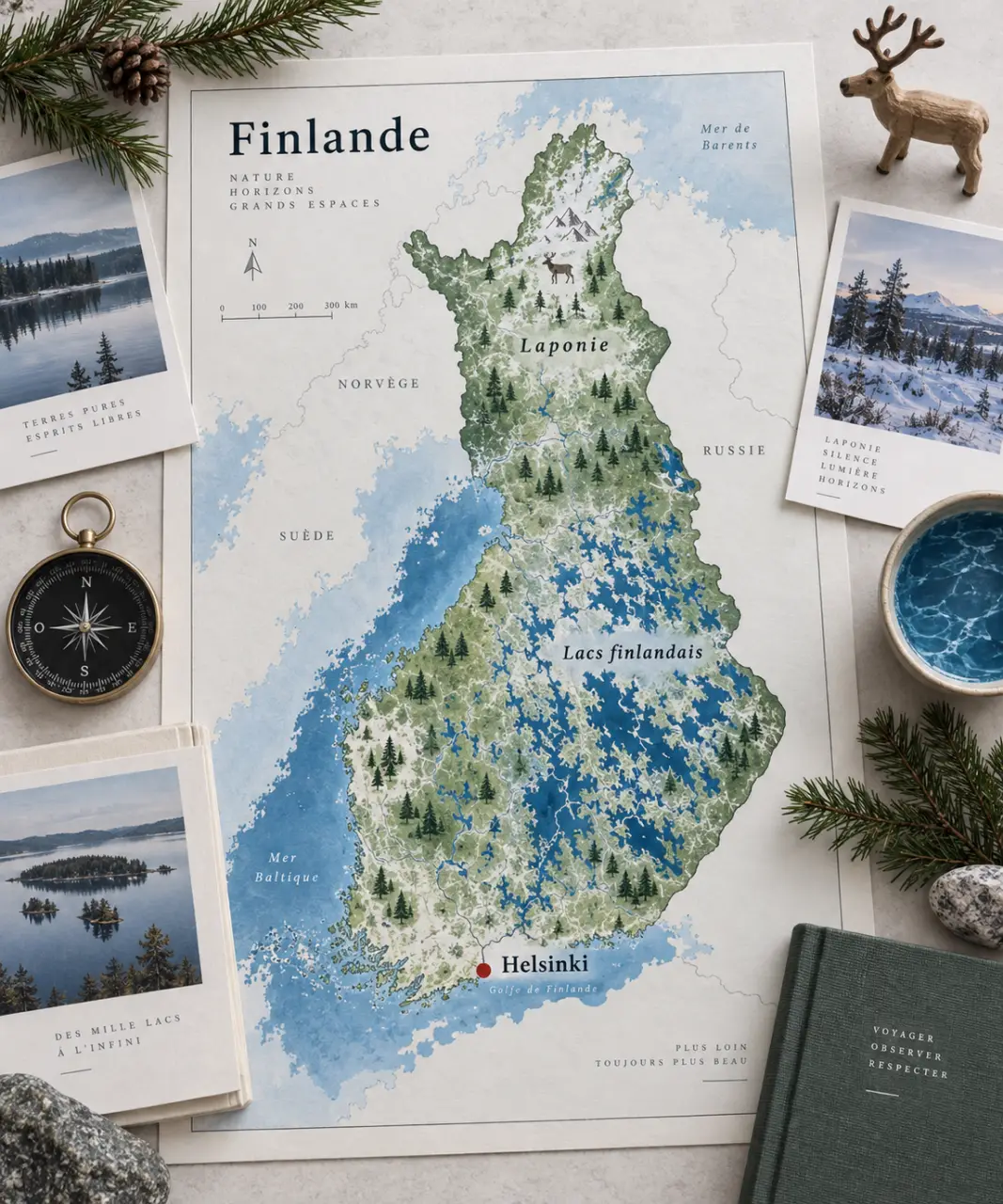 La carte de Finlande relie Helsinki, les lacs et la Laponie