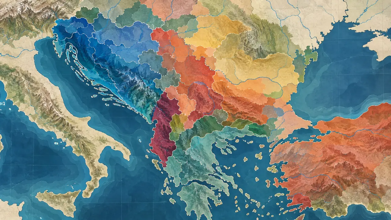 Carte des langues et frontières historiques des Balkans