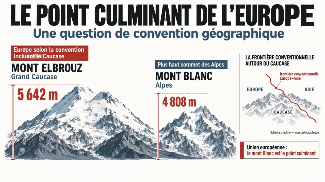 Infographie du point culminant de l’Europe comparant le mont Elbrouz et le mont Blanc
