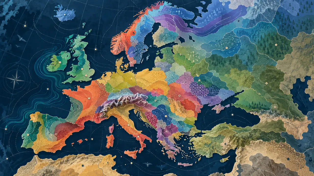 Carte illustrée des dialectes et frontières linguistiques en Europe