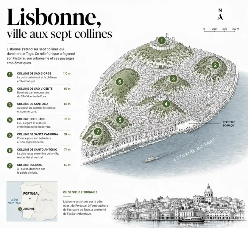Carte géographique illustrant la situation de Lisbonne, capitale du Portugal, sur les sept collines du Tage