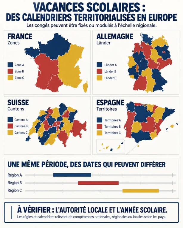 Carte des variations régionales des vacances scolaires en Europe