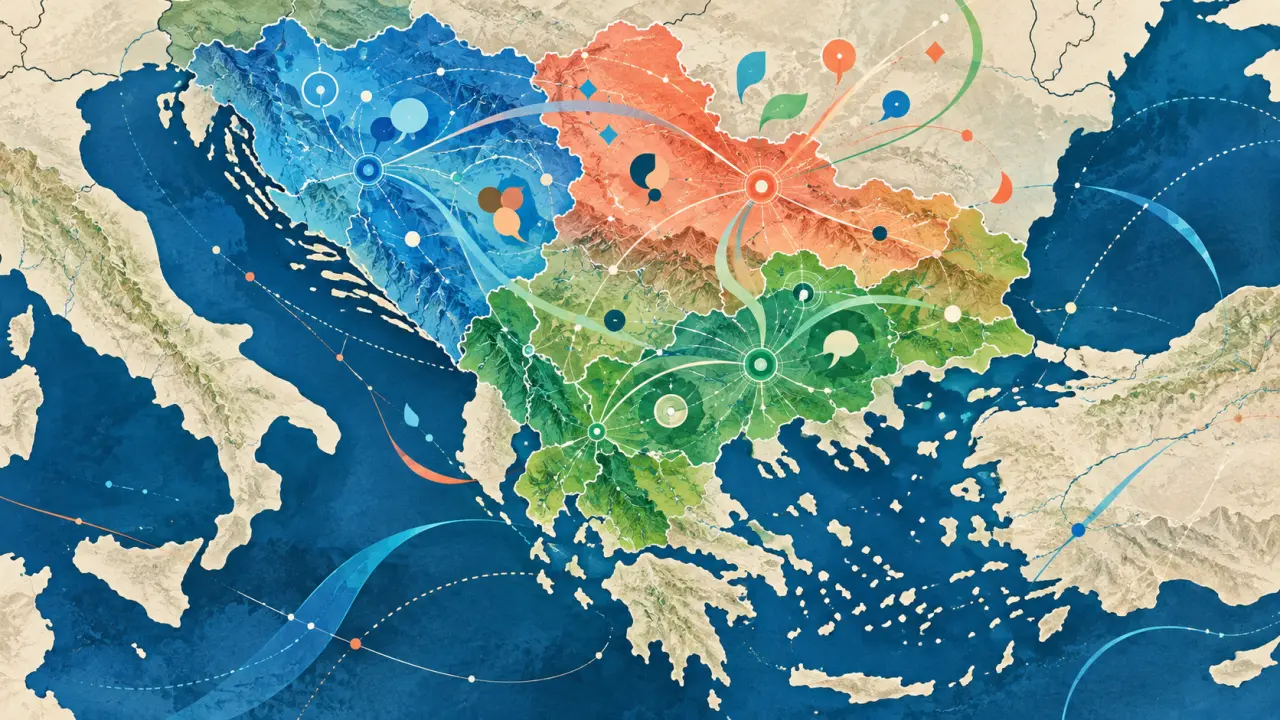 Carte illustrée des Balkans montrant la diversité des territoires linguistiques