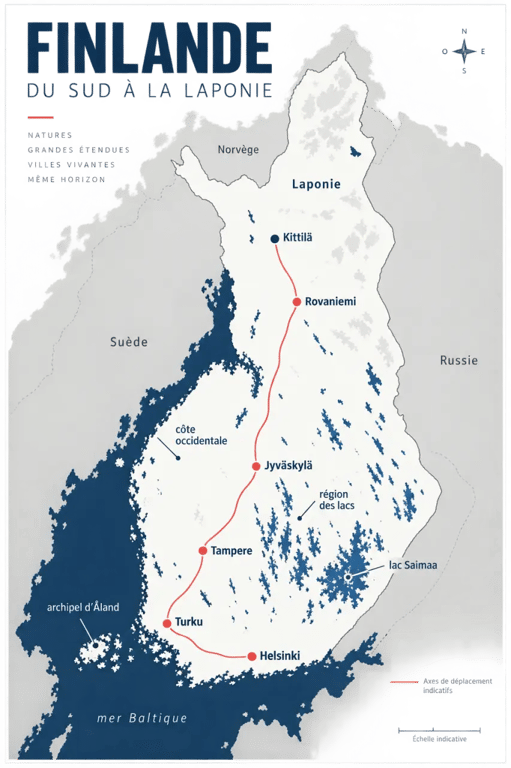 Finlande carte des régions, villes, lacs et principaux itinéraires touristiques