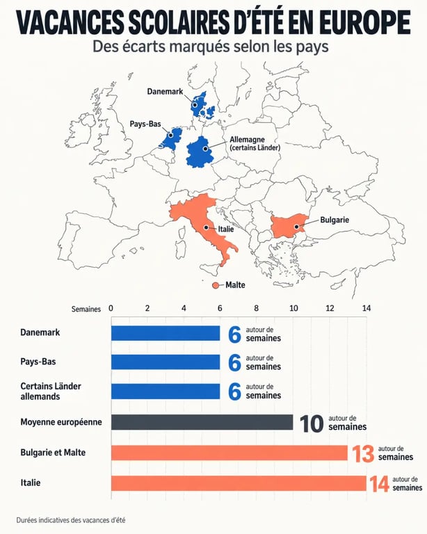 Infographie comparative des vacances scolaires en Europe et de la durée des vacances d’été