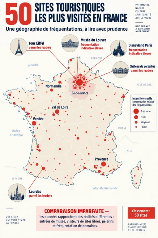 Infographie des 50 sites touristiques les plus visités en France et de leur fréquentation indicative