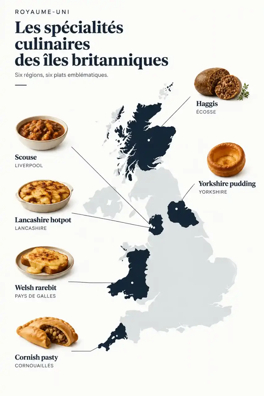 Carte des plats traditionnels anglais et britanniques par région : Cornouailles, Écosse, Pays de Galles, Liverpool et Lancashire