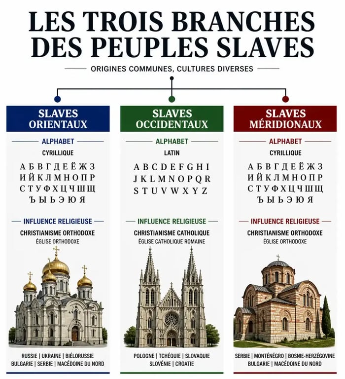 Infographie des trois branches des peuples slaves : orientaux, occidentaux et méridionaux