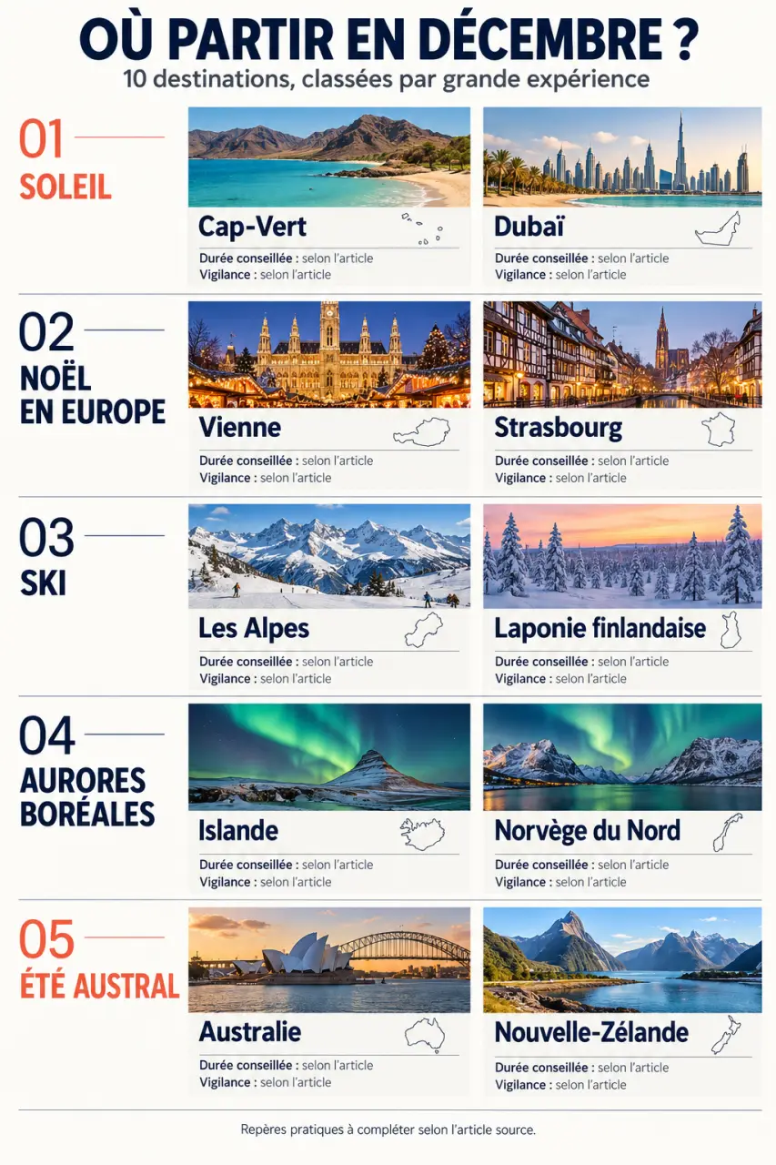 Top 10 destination décembre : infographie comparative des séjours au soleil, à la neige et en été austral