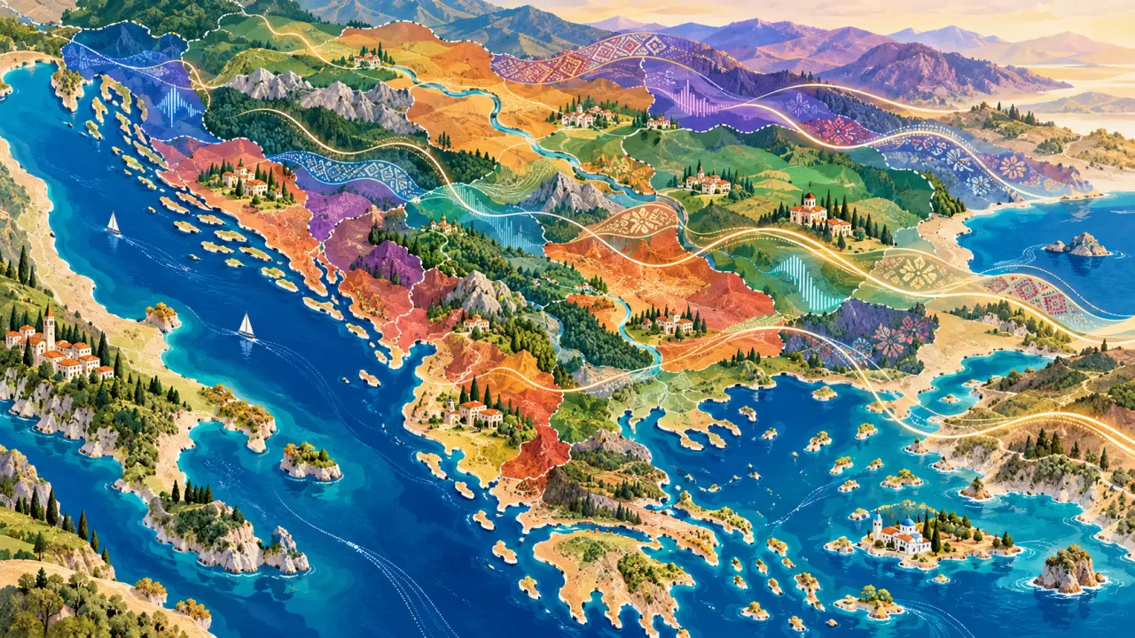 Carte illustrée des frontières et des langues des Balkans