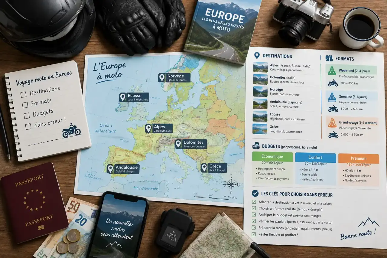 Voyage moto en Europe : destinations, formats et budgets pour choisir sans erreur