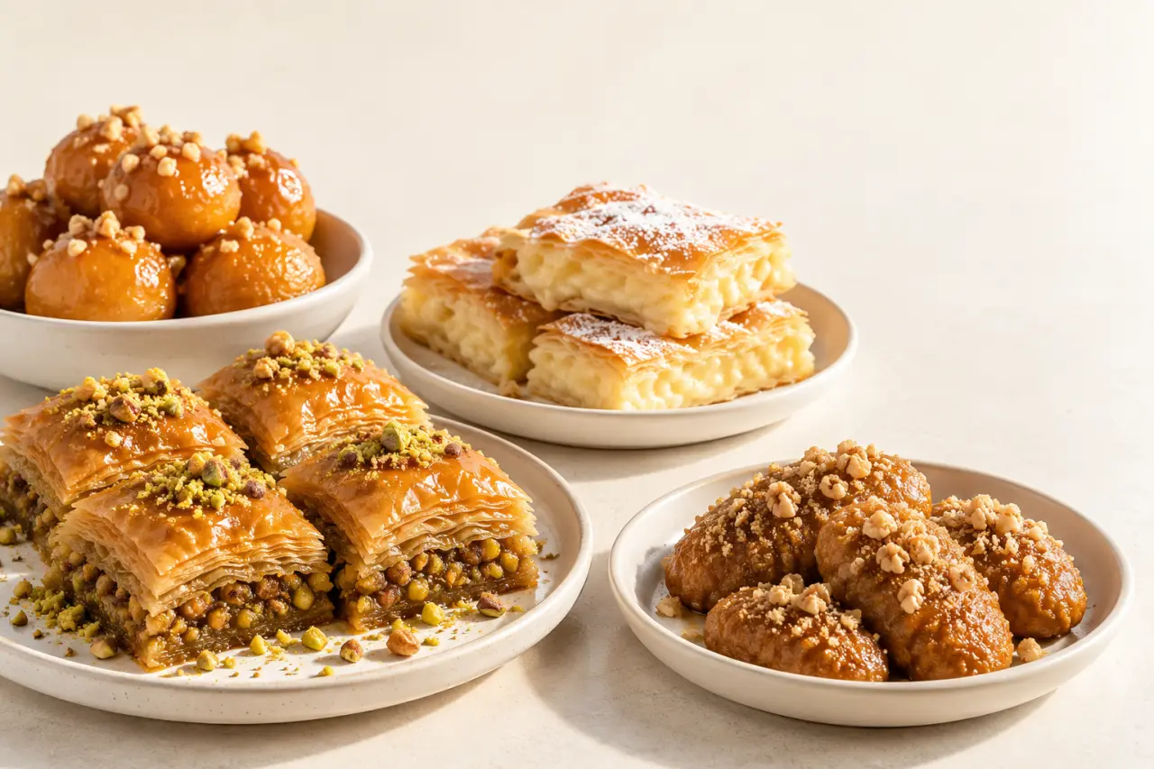 Desserts grecs traditionnels avec baklava, loukoumades et melomakarona