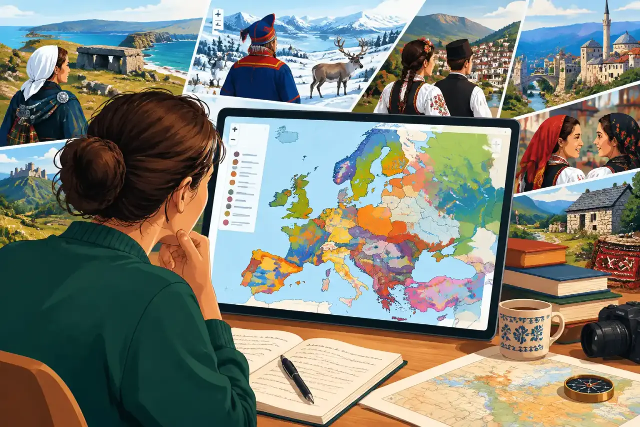 Carte ethnolinguistique illustrée de l’Europe montrant la diversité des langues et des régions
