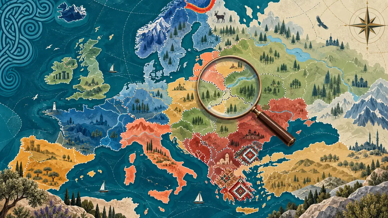 Carte illustrée des principales aires linguistiques d'Europe