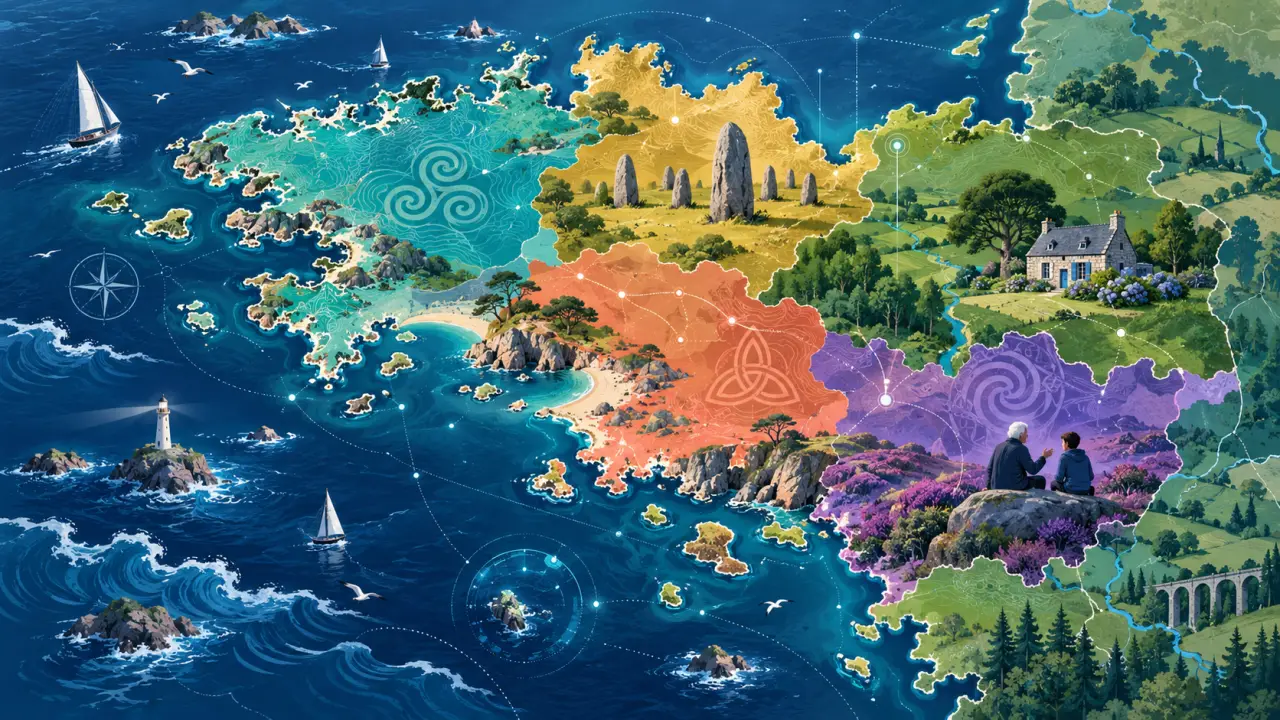 Carte illustrée de la Bretagne mettant en valeur les espaces de pratique du breton