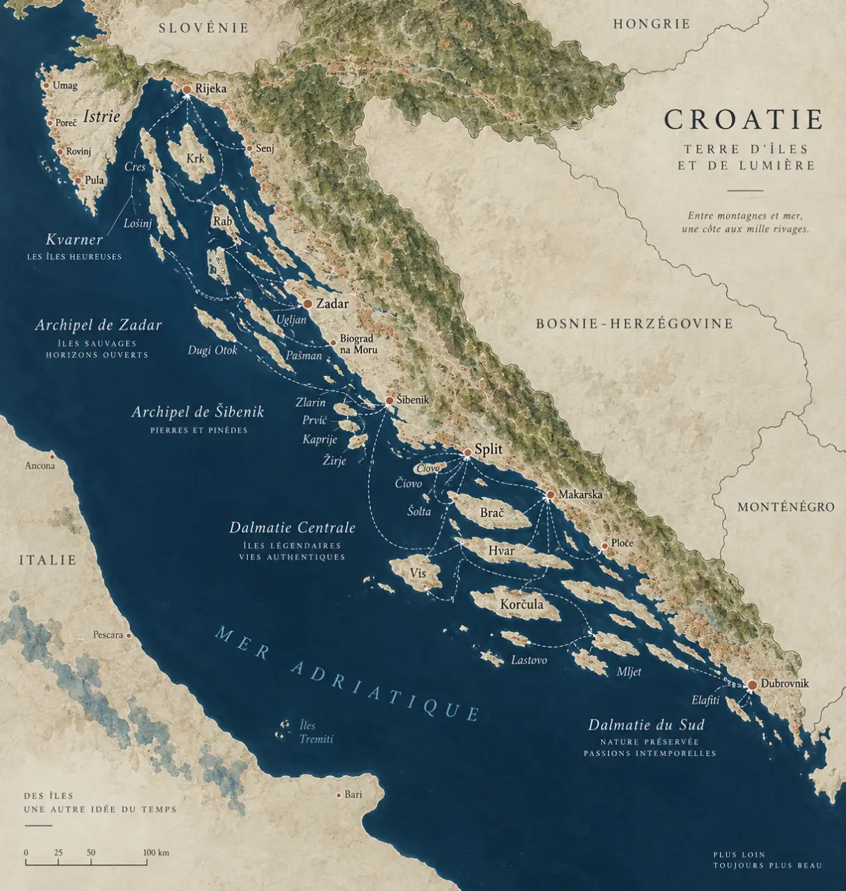 La carte de la Croatie et de ses îles révèle les accès à chaque archipel