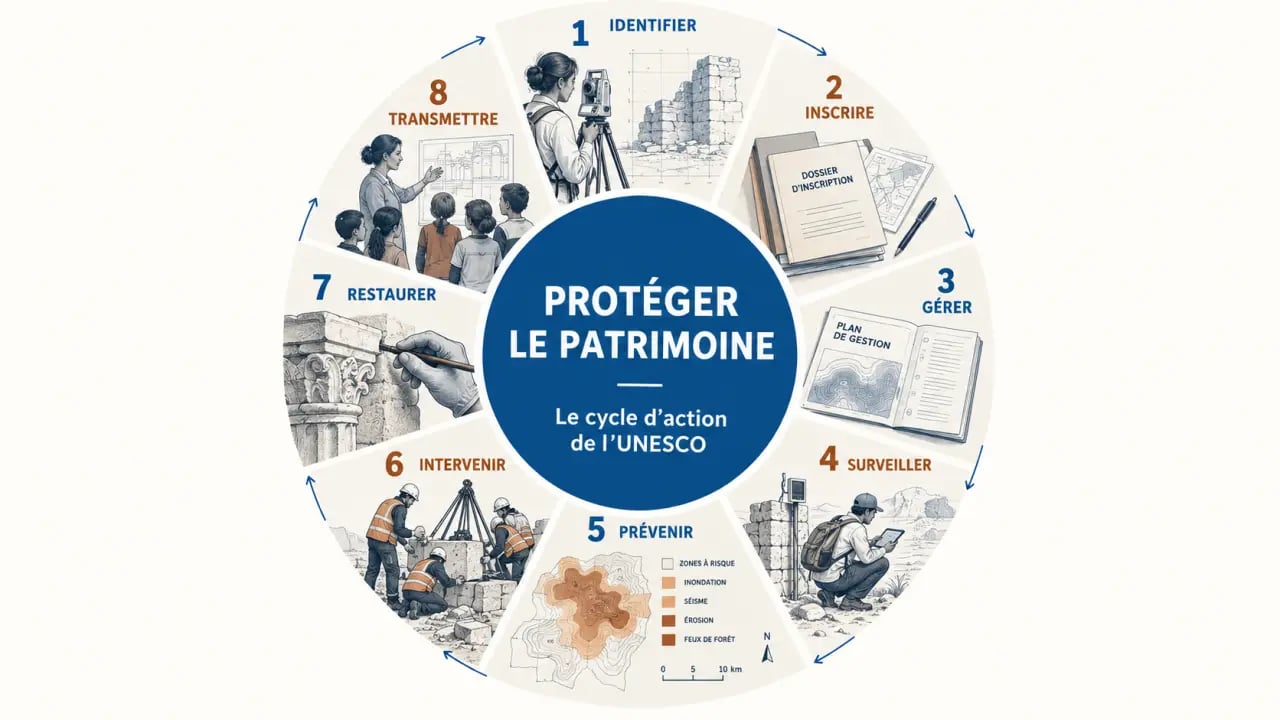Schéma du rôle de l’UNESCO dans la protection du patrimoine mondial