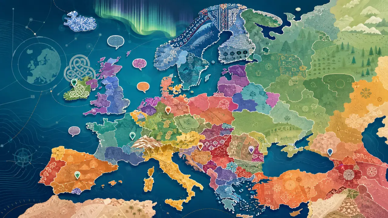 Carte artistique de l’Europe montrant la diversité culturelle et linguistique