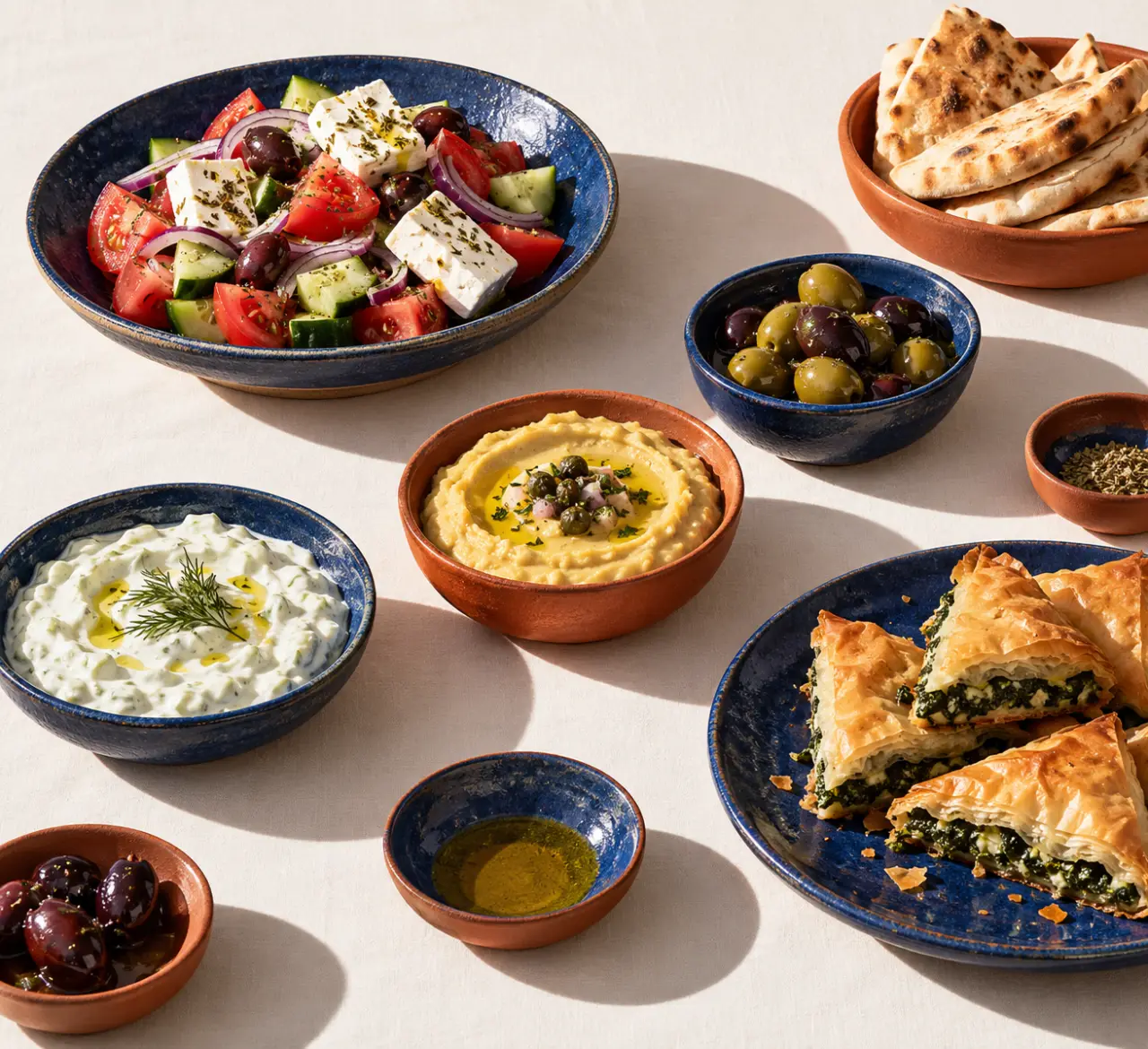 Table de plats traditionnels grecs à partager avec mezzés, salade grecque et spanakopita