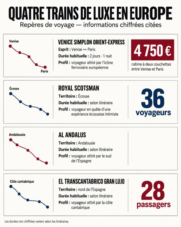 Infographie comparative des trains de luxe en Europe, itinéraires, durées et prestations