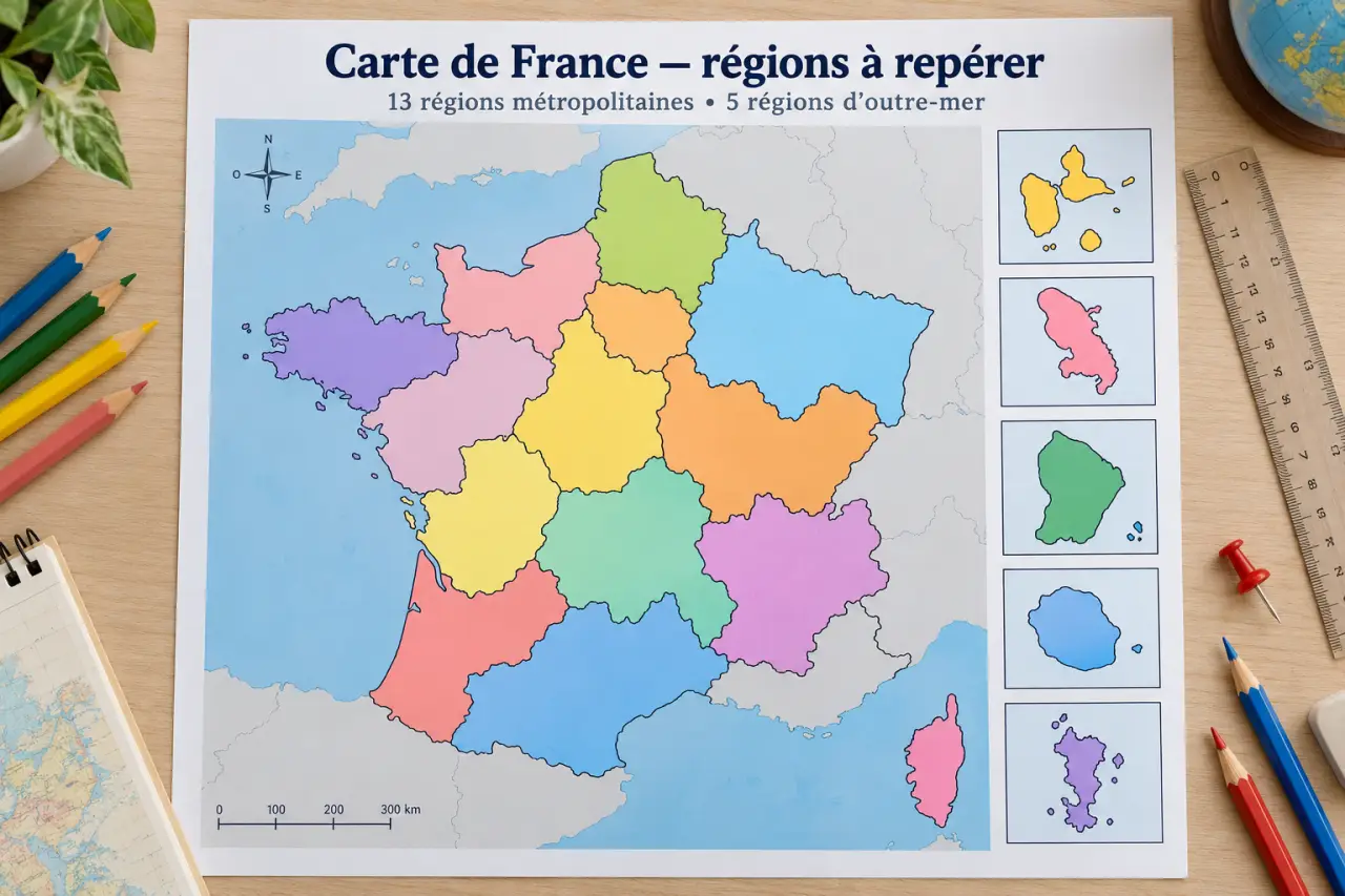 Carte de France : 13 régions métropolitaines et 5 régions d’outre-mer à repérer
