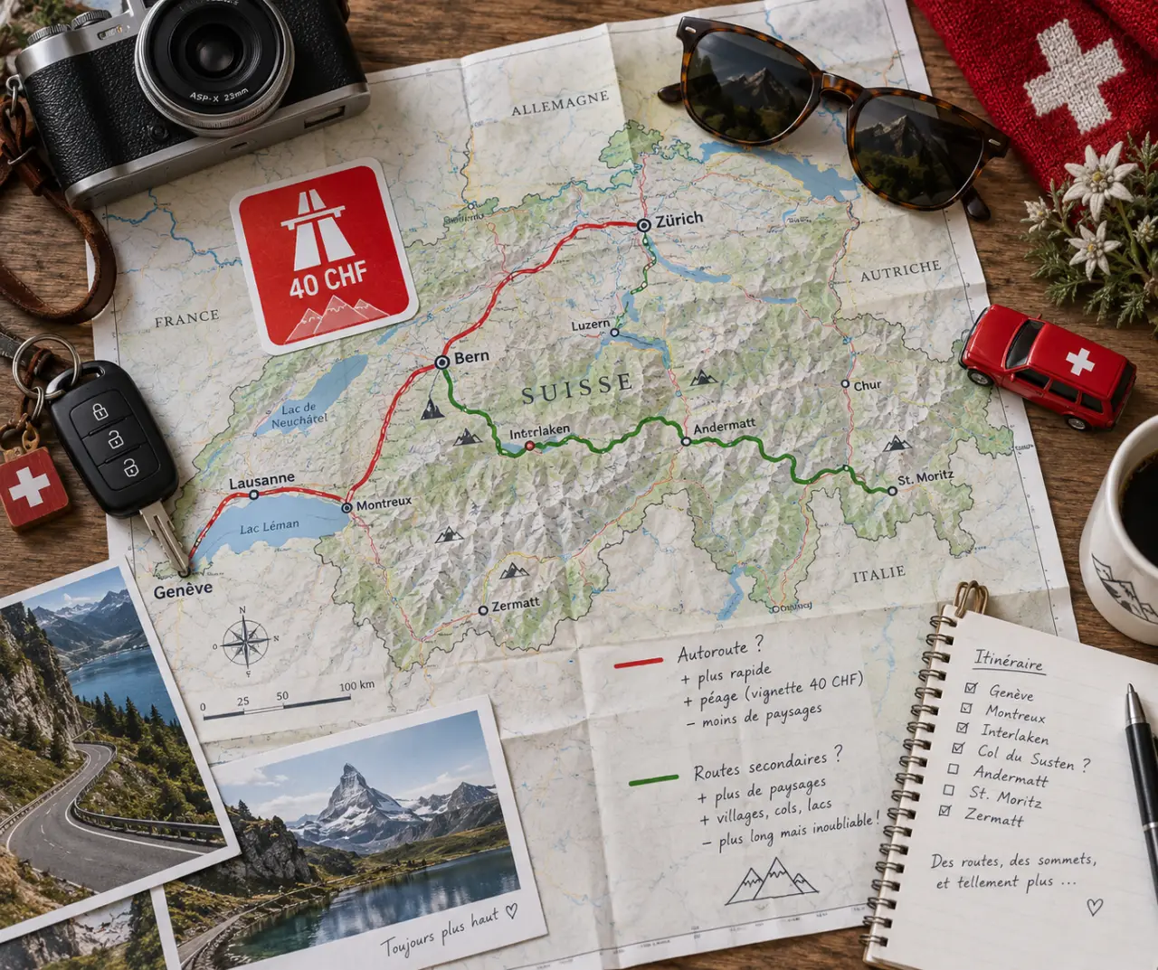Voyage en Suisse en voiture : vignette à 40 CHF ou routes secondaires, quel choix pour votre road trip ?
