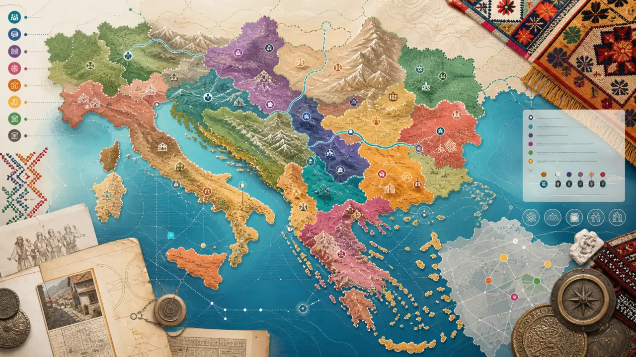 Carte artistique des Balkans mettant en valeur la diversité linguistique et culturelle